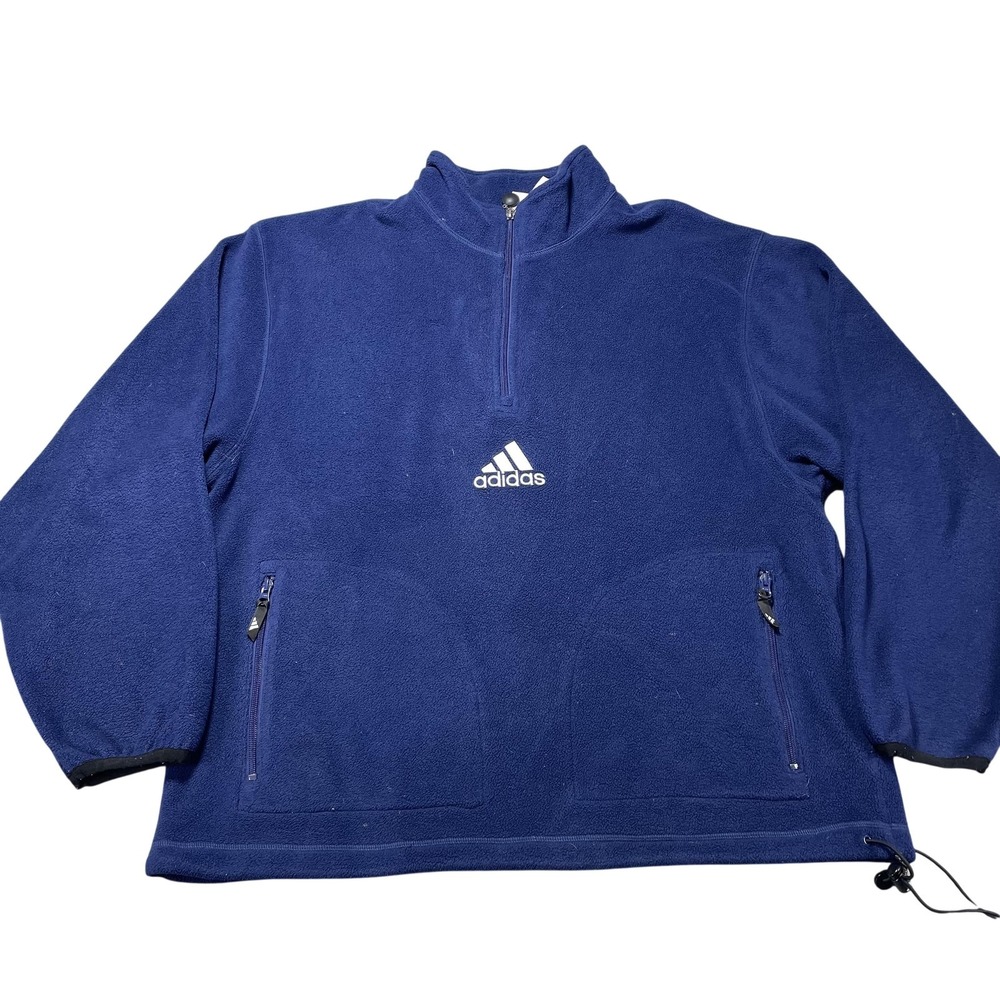 Adidas Sweatshirt Men XL Blue Fleece 1/4 Zip Mock Neck Pullover Logo Pockets VTG